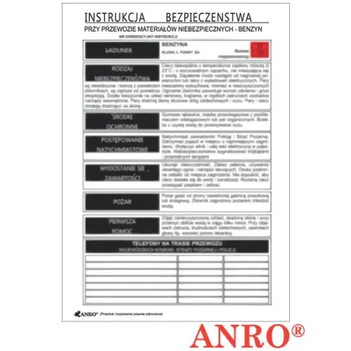 Instrukcja BHP i PPOŻ "BHP przy przewozie materiałów niebezpiecznych benzyn" 210x300 płyta  PCV ANRO ZZ-IBT11