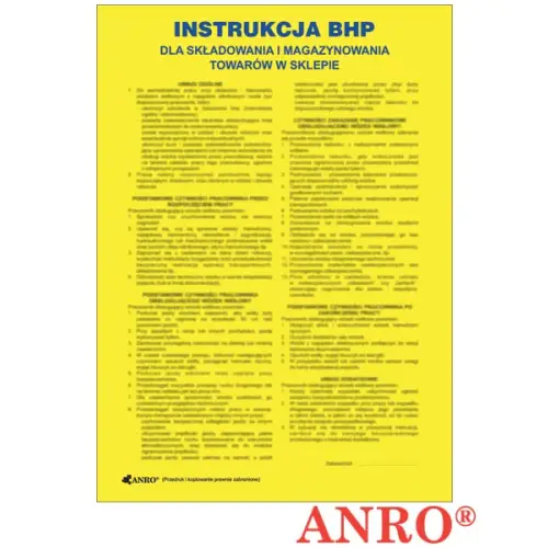 Instrukcja BHP i PPOŻ "BHP dla składowania i magazynowania towarów w sklepie" 250x350 Płyta PCV ANROZZ-IBT15