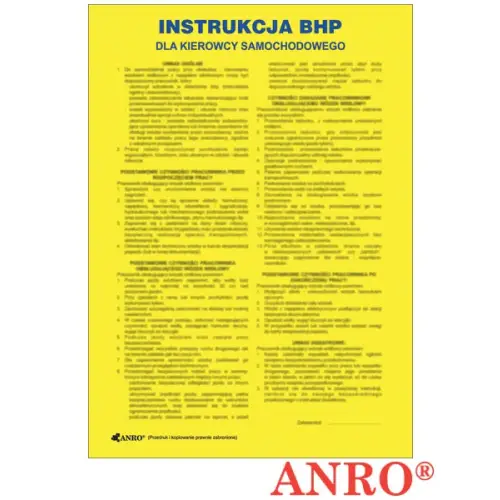 Instrukcja BHP i PPOŻ "BHP dla kierowcy samochodowego 250x350 płyta PCV ANRO ZZ-IBT17