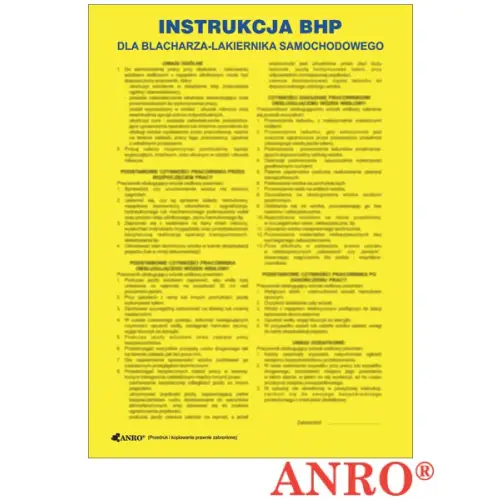 Instrukcja BHP i PPOŻ "BHP dla blacharza – lakiernika samochodowego" 330x460 płyta PCV ANRO ZZ-IBS02