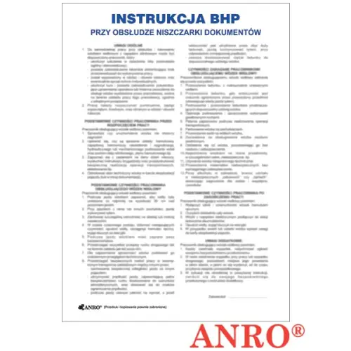 Instrukcja BHP i PPOŻ "BHP przy obsłudze niszczarki dokumentów" płyta PCV 250x350 ZZ-IBN17 ANRO