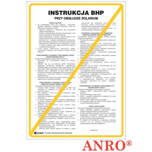 Instrukcja BHP i PPOŻ "BHP przy obsłudze solarium" ZZ-IBN28  250x350 płyta PCV ANRO
