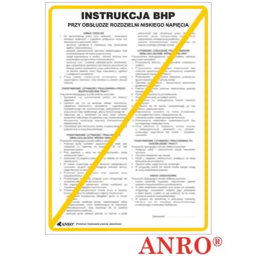 Instrukcja BHP i PPOŻ "BHP przy obsłudze rozdzielni niskiego napięcia" płyta PCV 250x350 ZZ-IBN09 ANRO