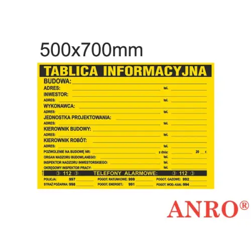 Tablica budowlana „Tablica informacyjna"700x500, 700x900  płyta PCV ZZ-B1 ANRO