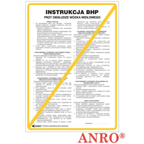 Instrukcja BHP i PPOŻ BHP przy obsłudze wózka widłowego (sztaplarki) 250x350 płyta PCV ZZ-IBT04 ANRO
