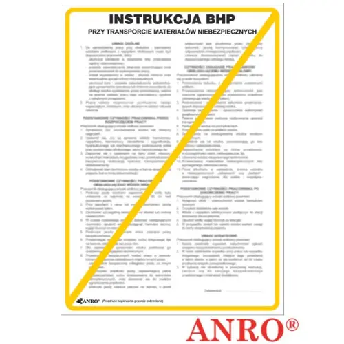 Instrukcja BHP i PPOŻ "BHP przy transporcie materiałów niebezpiecznych 250x350 płyta PCV ZZ-IBT07 ANRO
