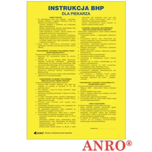 Instrukcja BHP i PPOŻ "BHP przy czynnościach zawodowych dla piekarza" 330x460 płyta PCV ZZ-IBG13 ANRO
