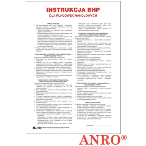 Instrukcja BHP i PPOŻ "BHP dla placówek handlowych" 250x350 płyta PCV ZZ-IBH03 ANRO