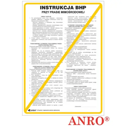 Instrukcja BHP i PPOŻ "BHP dla obsługi pras mimośrodowych"  250x350 płyta  PCV ZZ-IBM05 ANRO