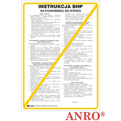 Instrukcja BHP i PPOŻ "BHP na stanowisku szlifierza" 250x350 płyta PCV ZZ-IBM27 ANRO