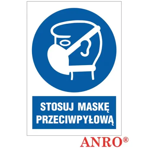 Znak BHP "Stosuj maskę przeciwpyłową". 220x300 płyta twarda PCV,  folia samoprzylepna  ZZ-19N-1 ANRO