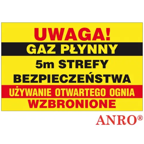 Znak gazowniczy "Uwaga! Gaz płynny 5m Strefy Bezpieczeństwa"  250x350 płyta twarda PCV, FS ZZ-31G ANRO