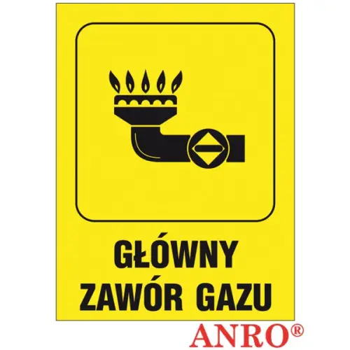 Znak gazowniczy "Główny zawór gazu" 150x205 płyta twarda PCV, FS ZZ-36G ANRO