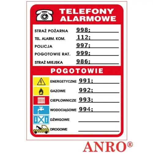 Znak "Telefony alarmowe" 210x150 płyta twarda PCV, FS  ZZ-93 ANRO