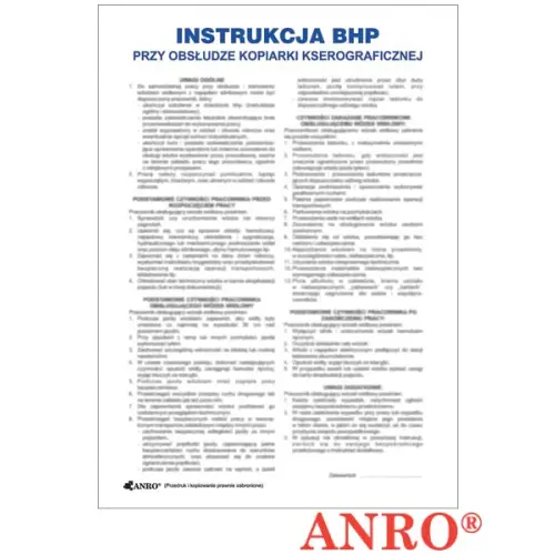 Instrukcja BHP i PPOŻ "BHP przy obsłudze kopiarki kserograficznej" 250x350 płyta PCV ZZ-IBN03 ANRO